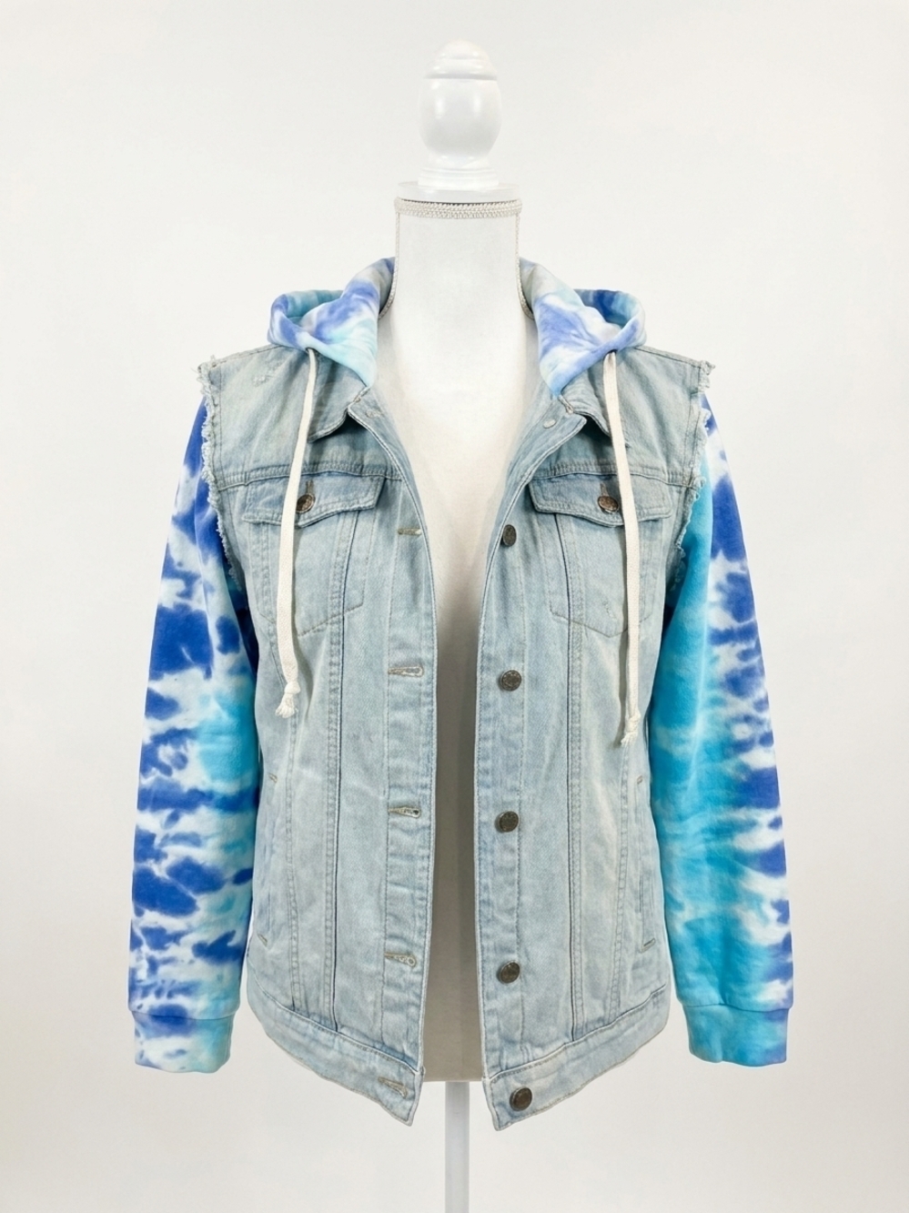 NEW SEW IN LOVE denim jacket with tie dye accents hoodie in blue